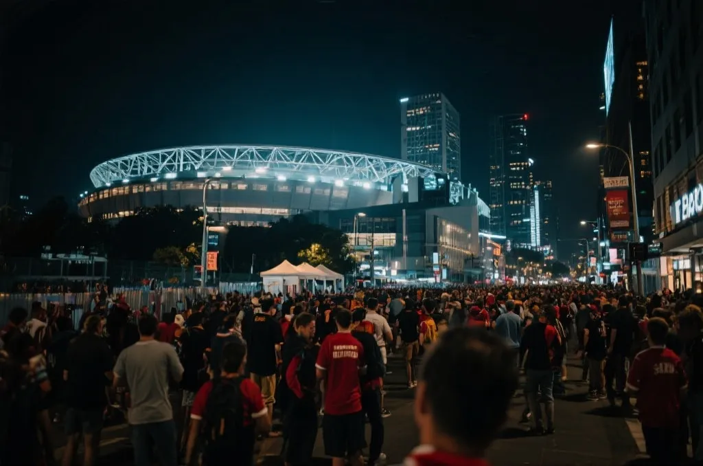 夜幕下的世界杯球场与周边城市街景